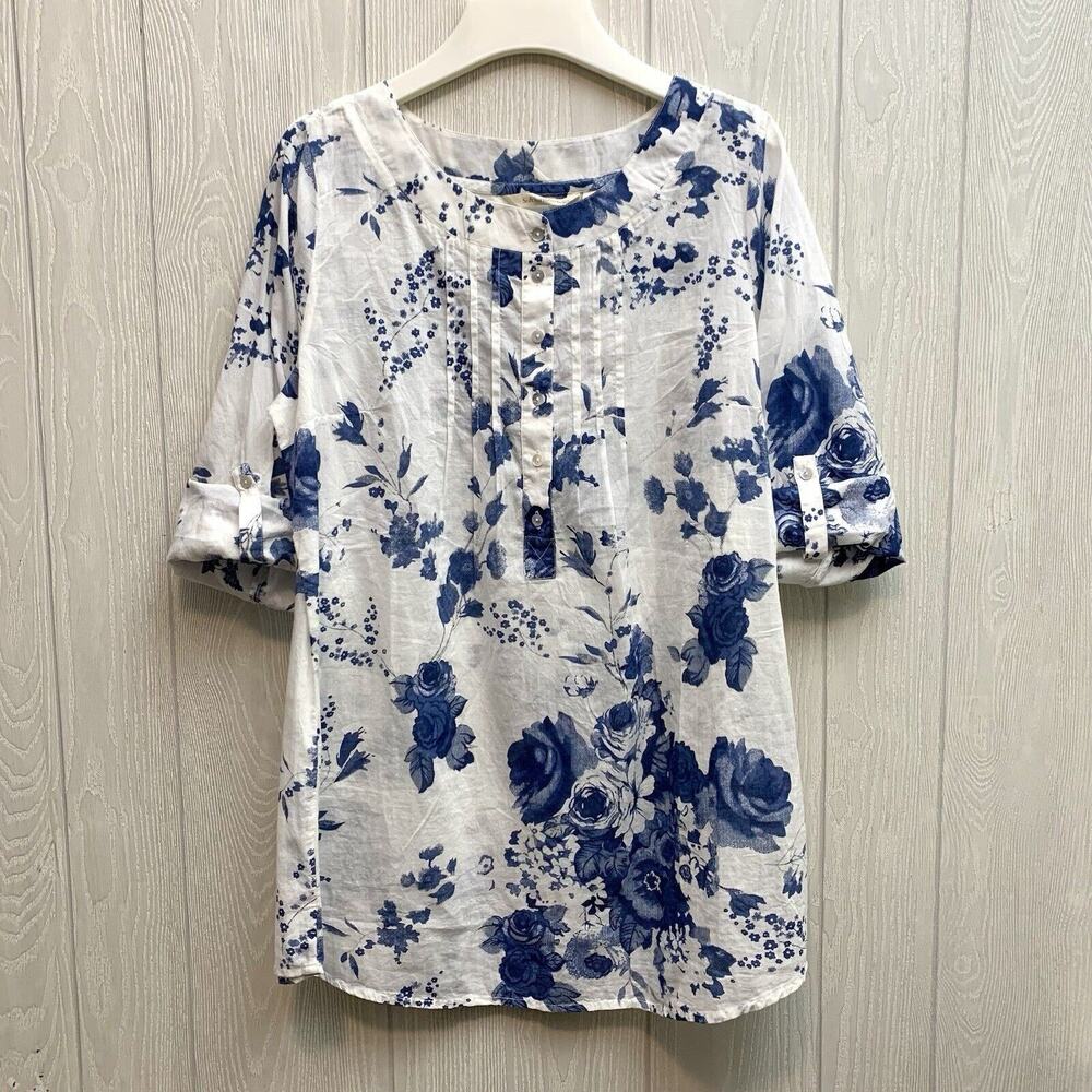 Soft Surroundings Blue Floral Long Sleeve Top Small NWOT